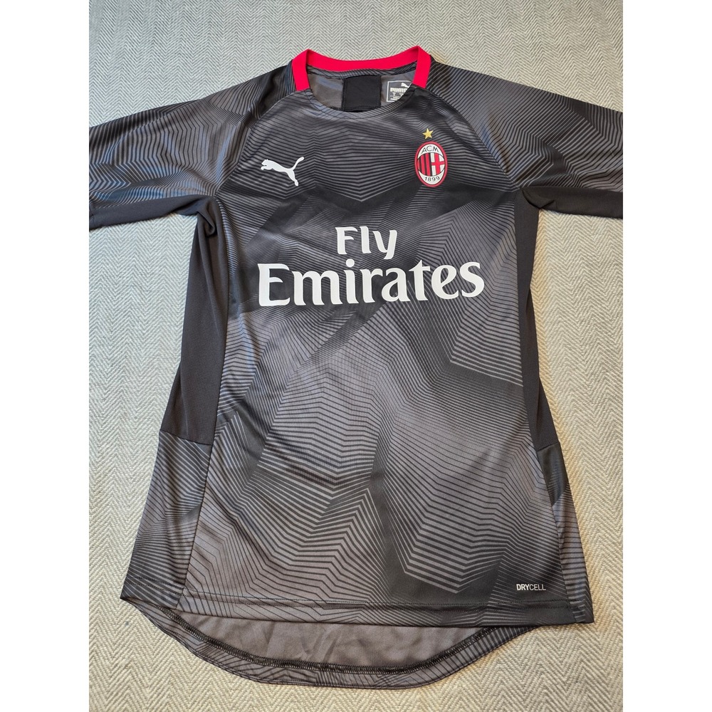 Puma DryCell AC Milan Soccer Jersey Kids Small Gray Black Fly Emirates Crew Neck